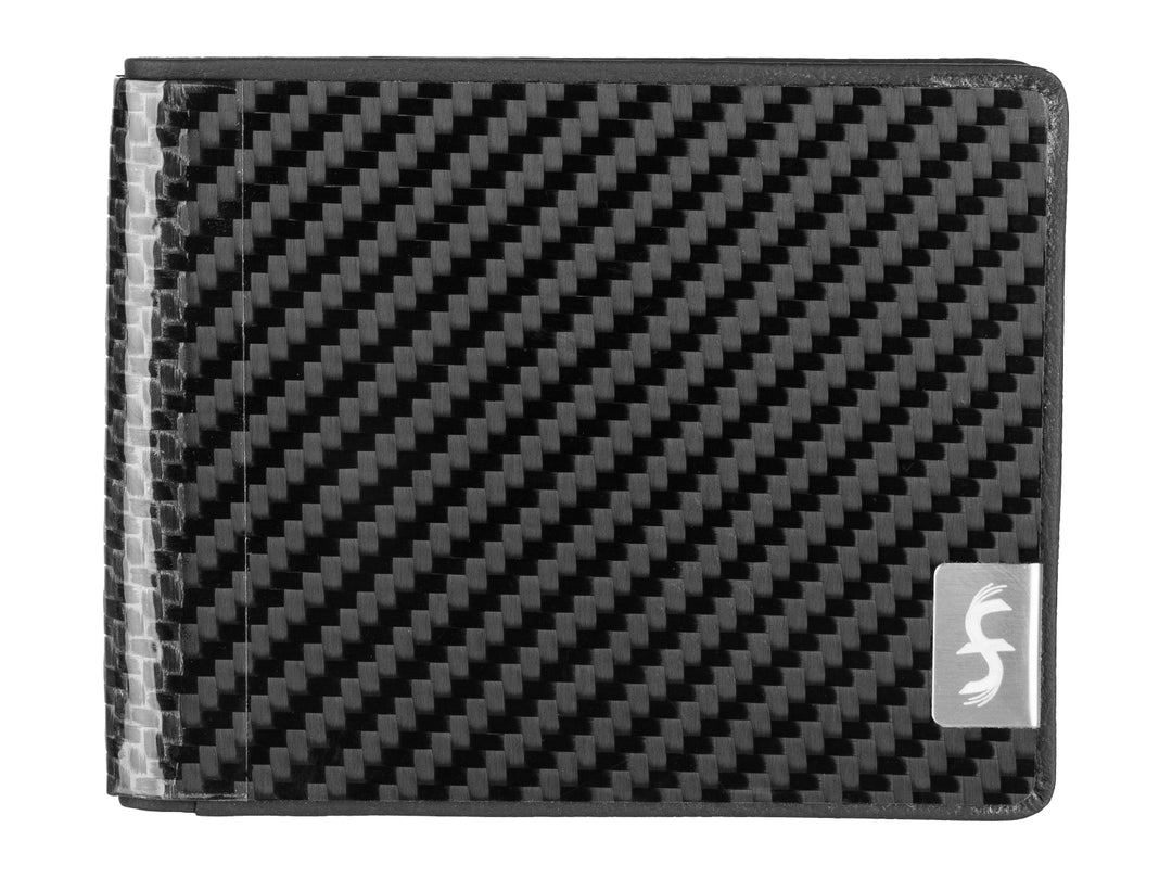 Black bifold wallet with a black carbon fiber exterior and a black leather interior. The wallet has a stainless steel tag on the front with the Common Fibers logo.