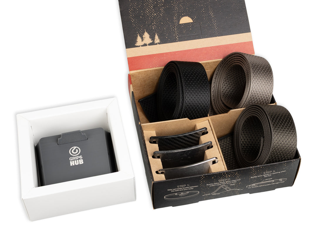 Grip6 belt pack featuring three nylon straps, three premium buckles, and The Hub belt organizer in holiday packaging.