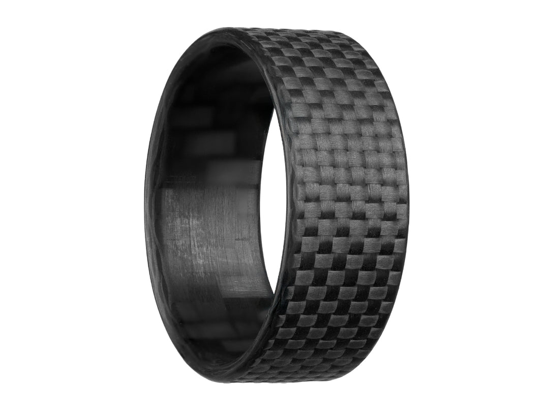 Angled side view of the 8mm Gridlock carbon fiber ring featuring tightly woven 1K carbon strands in a matte finish
