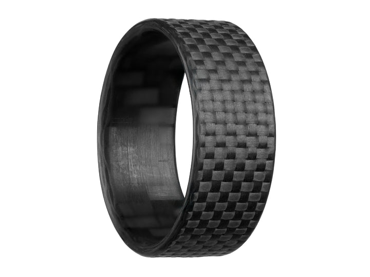 Angled side view of the 8mm Gridlock carbon fiber ring featuring tightly woven 1K carbon strands in a matte finish