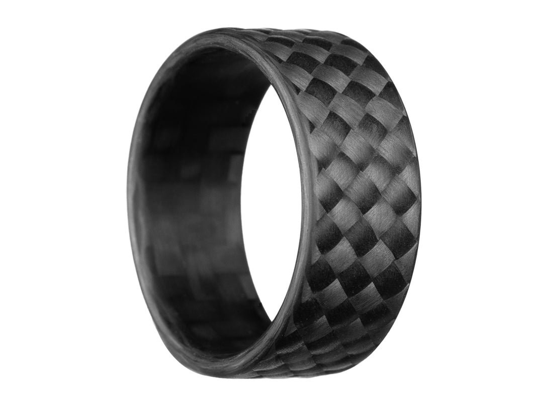 Angled view of the WeaveForce Vertex carbon fiber ring showcasing its textured 3D weave pattern and matte black finish.