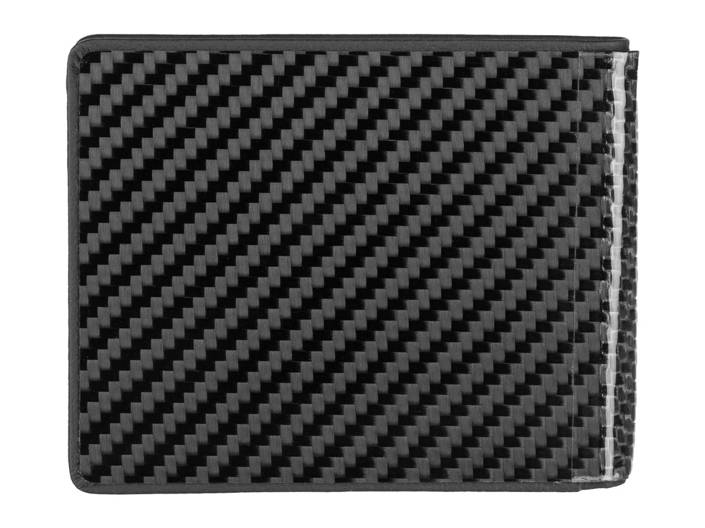 Backside of a black bifold wallet made from carbon fiber. It has a subtle twill weave pattern