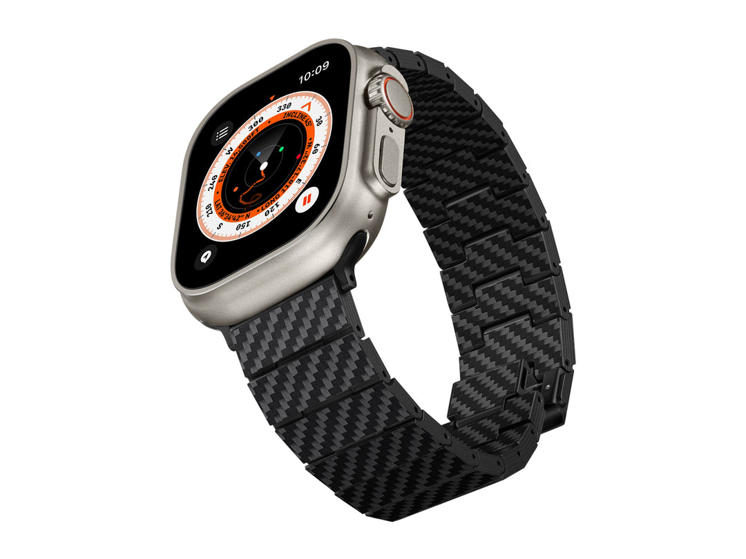 Stylish Apple Watch with an intricate carbon fiber band, highlighting the unique texture and modern aesthetic.