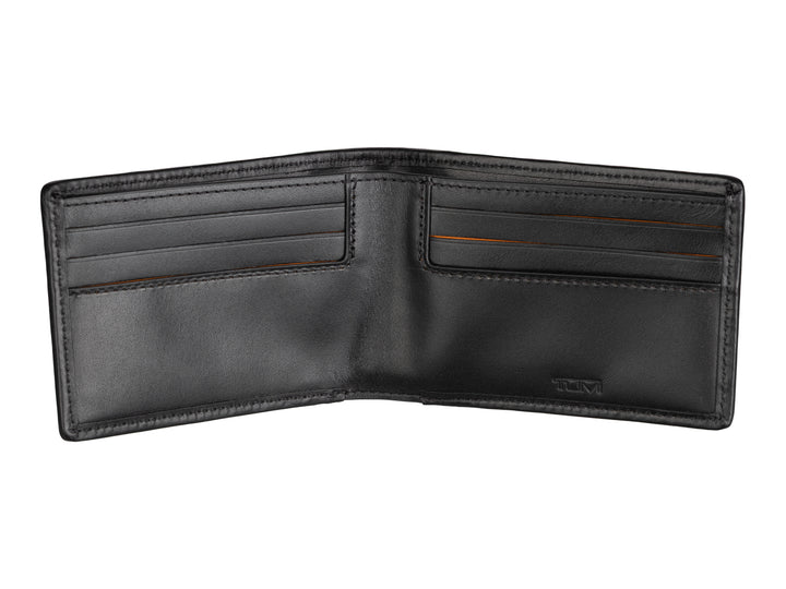 Open TUMI McLaren billfold wallet showing multiple card slots, ID window, and interior detailing