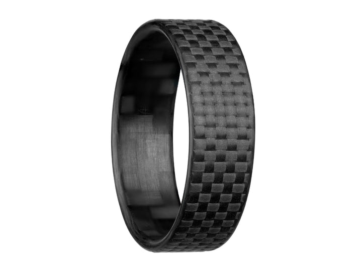 Angled view of the 6mm Gridlock carbon fiber ring featuring a fine 1K basketweave pattern and slim, lightweight profile