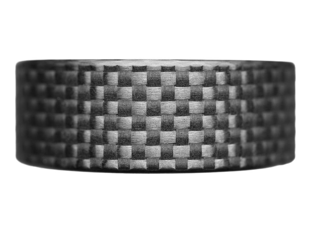 Front profile of the 8mm Gridlock ring highlighting its fine 1K carbon fiber weave and textured pattern