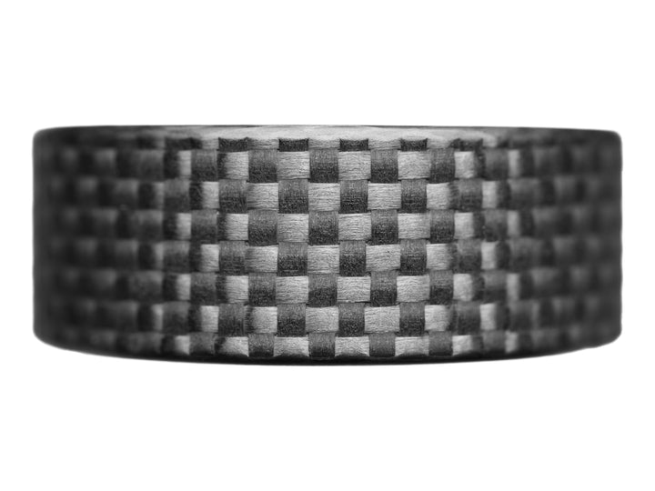 Front profile of the 8mm Gridlock ring highlighting its fine 1K carbon fiber weave and textured pattern