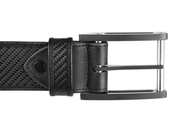 Detailed view of belt buckle and leather strap connection, exhibiting meticulous handcrafted quality.
