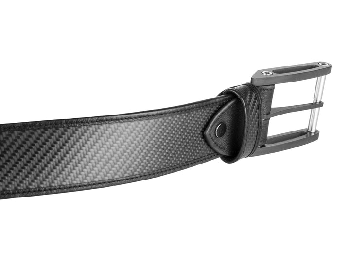 Side profile of the carbon fiber belt with polished buckle, capturing the luxurious materials and sleek design.