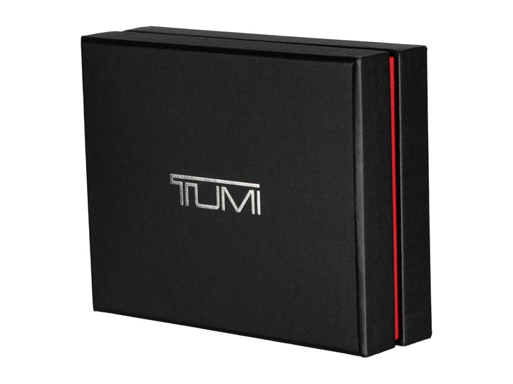 TUMI McLaren wallet shown with packaging box, emphasizing luxury presentation and gift-readiness