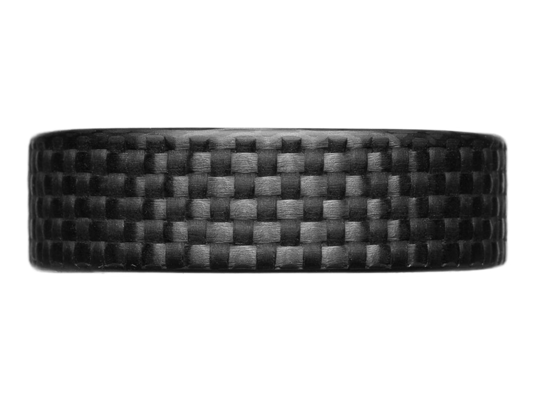 Close-up side view of the WeaveForce Gridlock 6mm carbon fiber ring showcasing its tight checkered weave pattern.