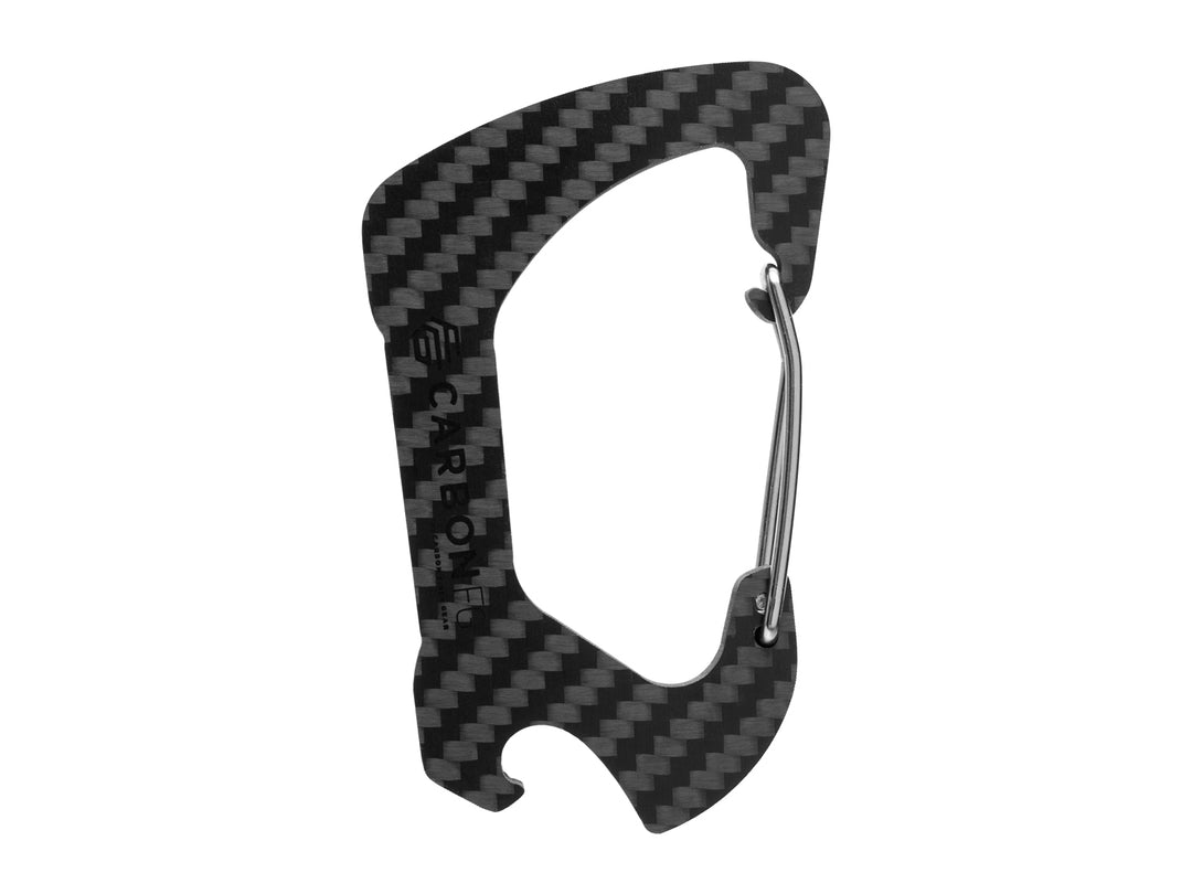 "CarbonFG Carabiner Bottle Opener made of carbon fiber with a semi-gloss twill weave, showcasing its solid and durable design.