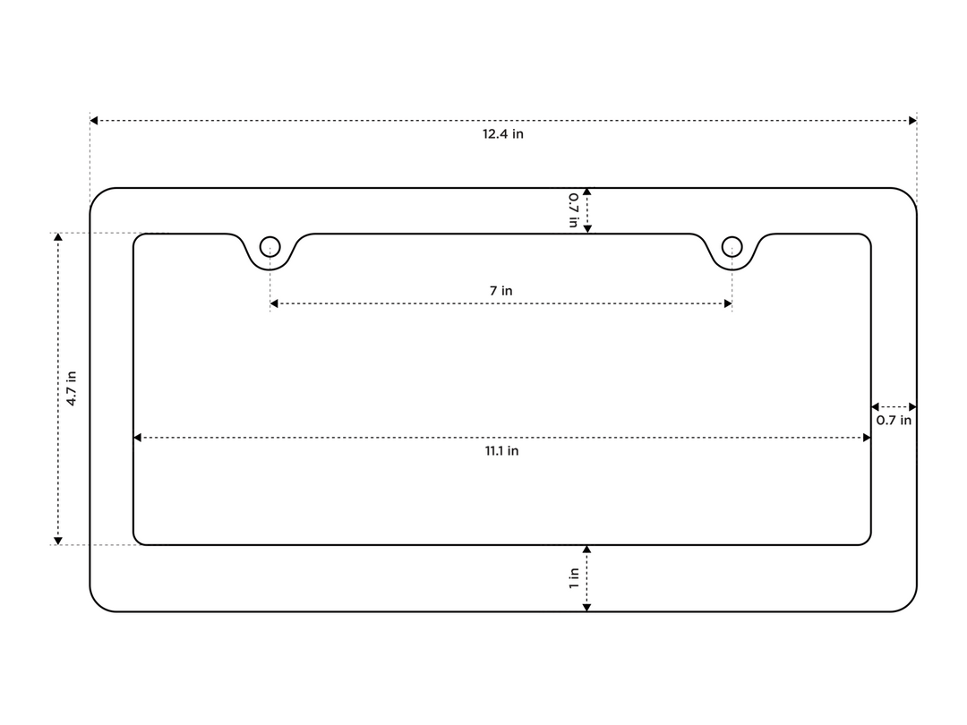Diagram showing measurements of license plate frame