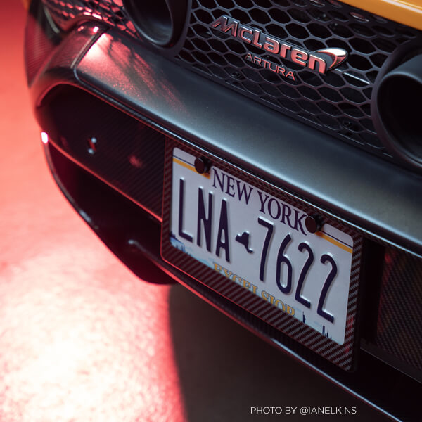 Carbon fiber license plate frame on a McLaren Artura
