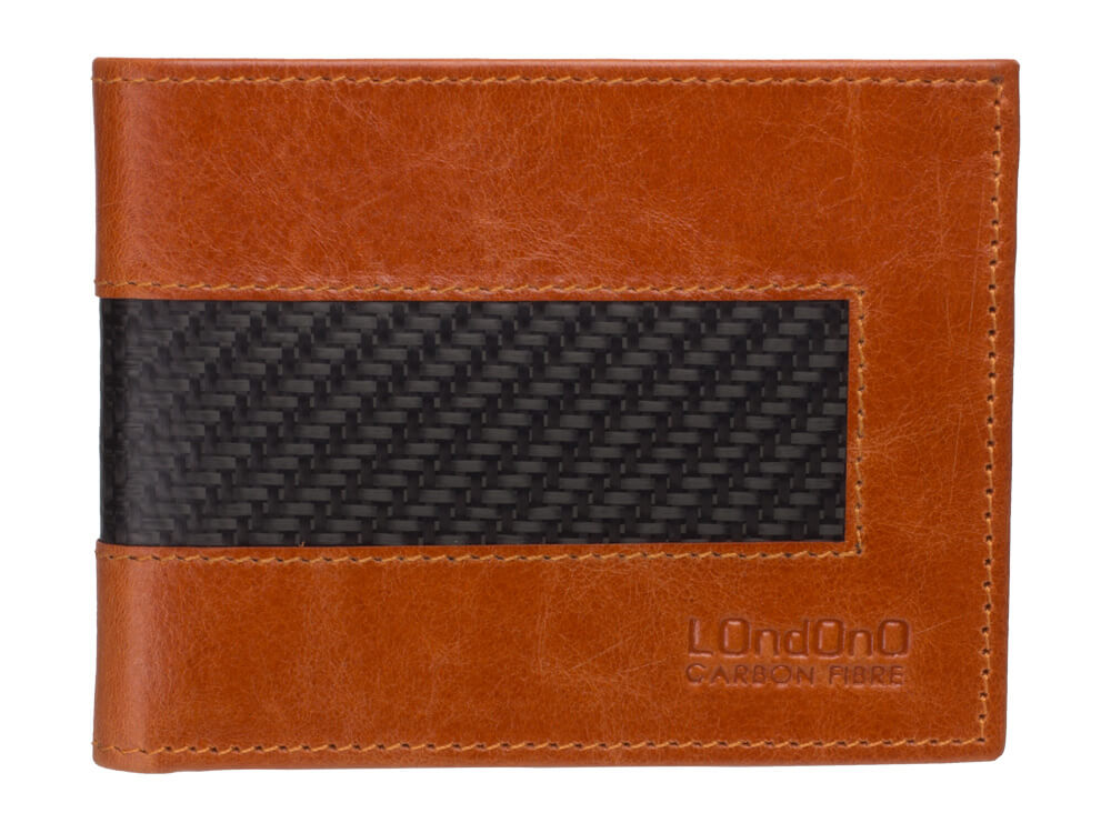 Londono carbon fiber and brown leather wallet, front