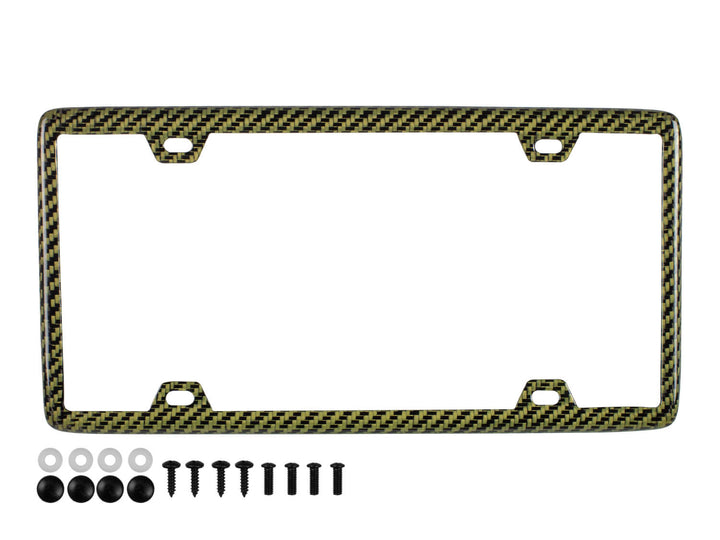 Yellow carbon fiber / aramid license plate frame with 4 holes and gloss finish