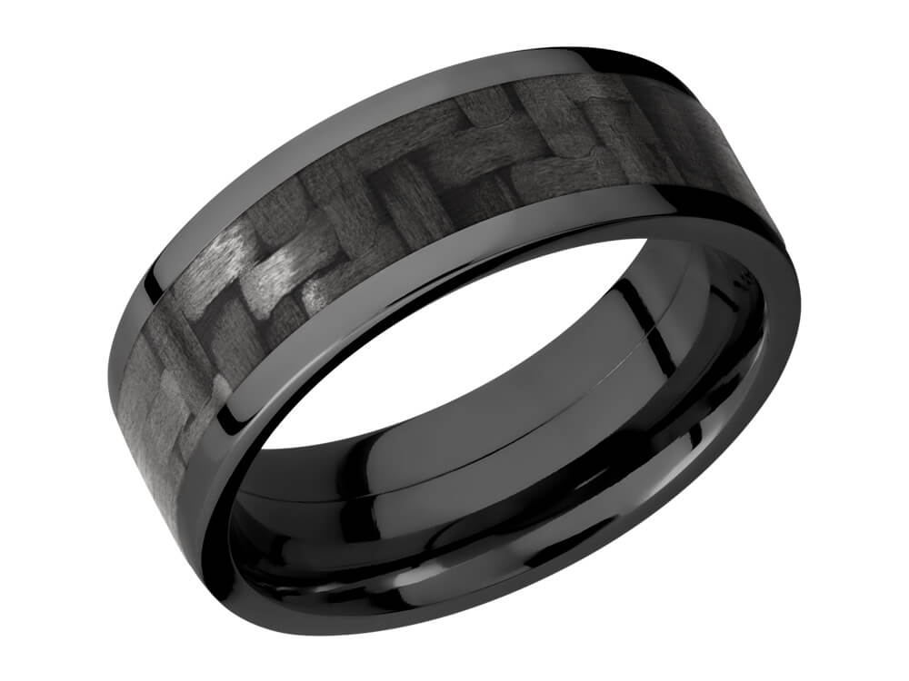 8mm Black Zirconium Ring With 5mm Real Carbon Fiber Inlay