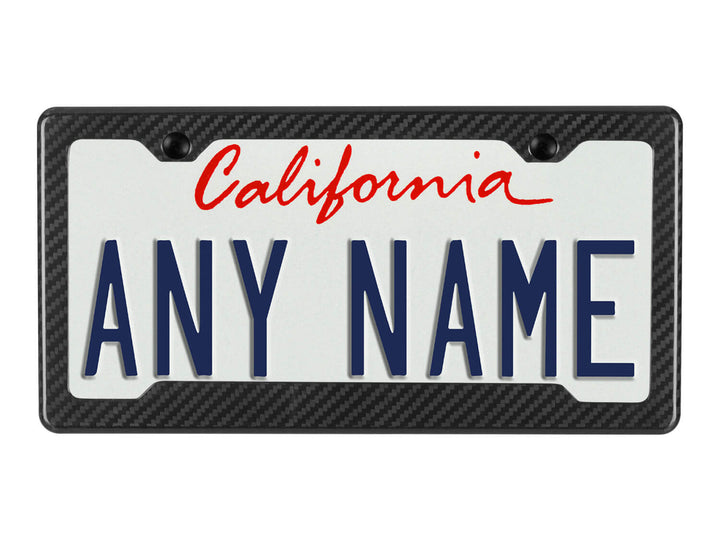 2-hole carbon fiber license plate frame with angled bottom with black caps and license plate example