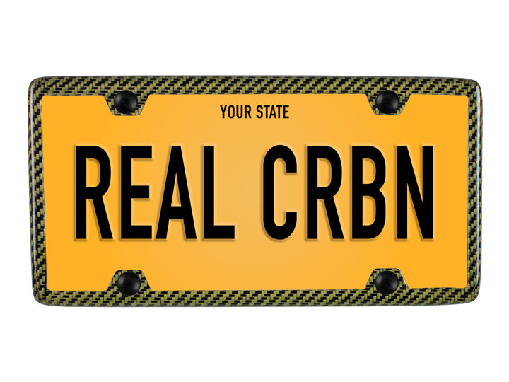 Yellow carbon fiber / aramid license plate frame with 4 holes and gloss finish