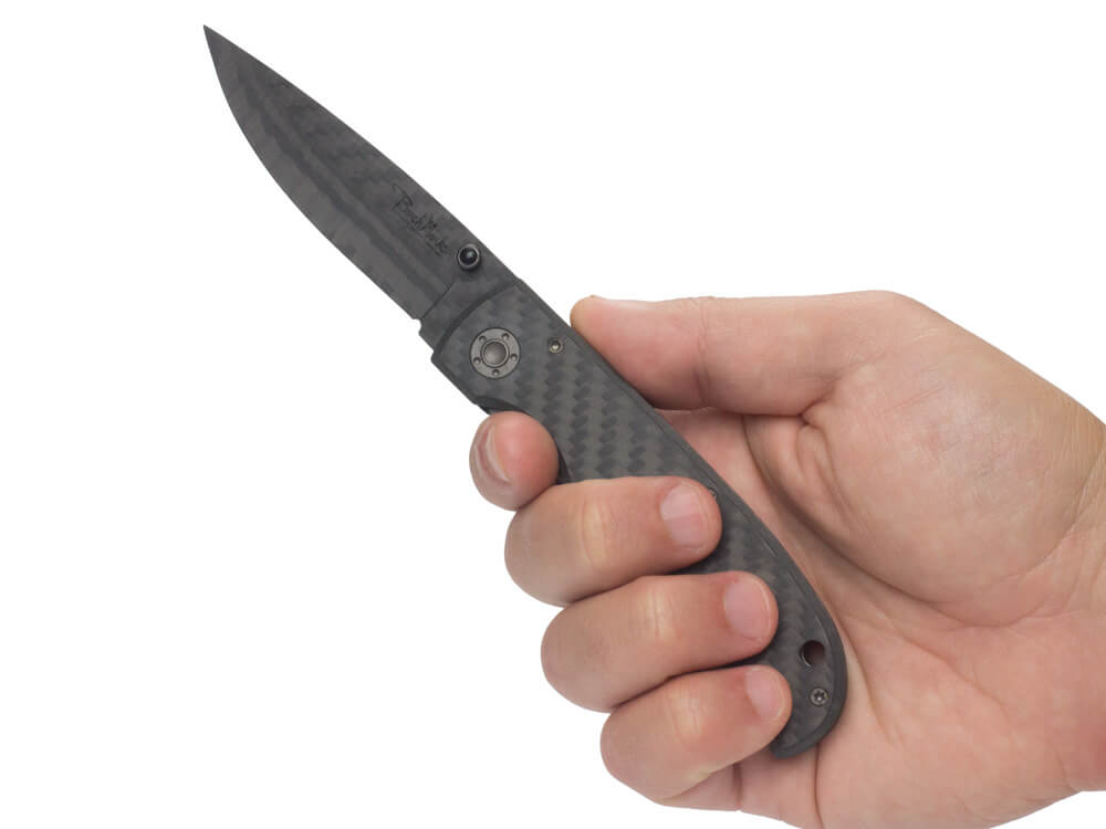 Benchmark Wildwind Linerlock Carbon Fiber Pocketknife, in hand