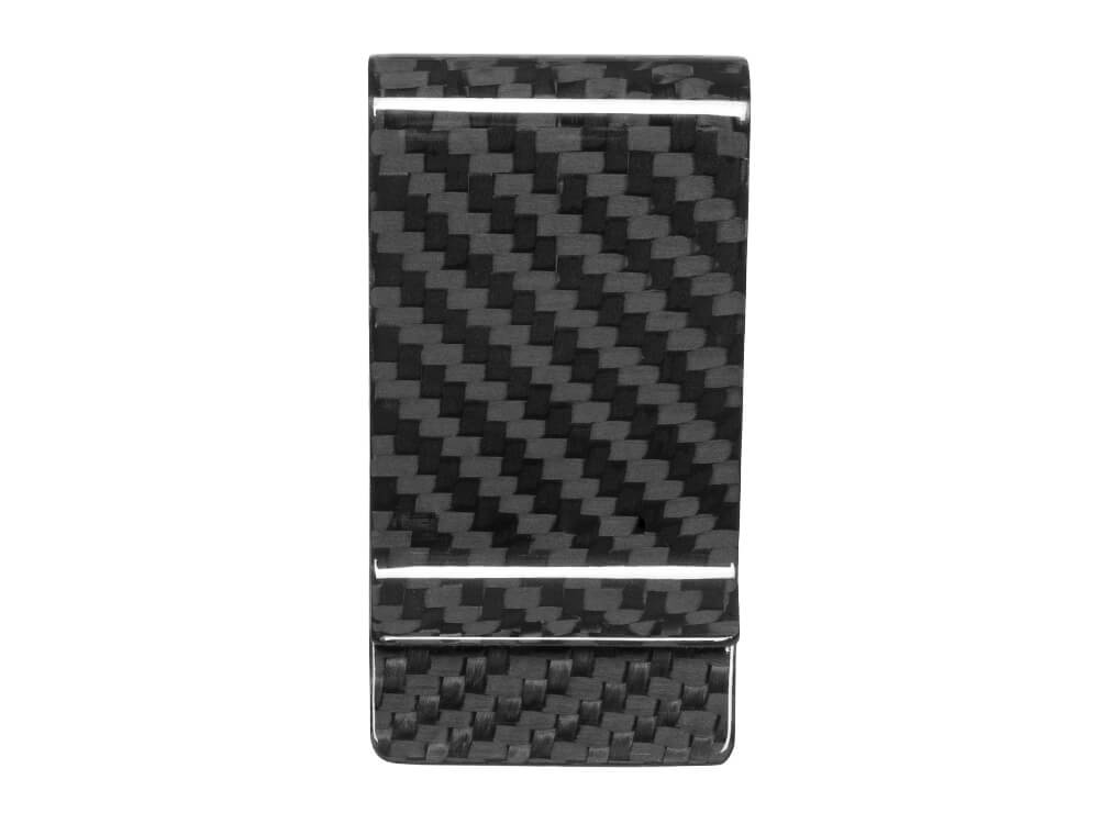 Angled view of the real carbon fiber money clip with high-gloss finish