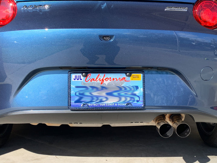 Carbon Fiber / Blue Aramid Fiber License Plate Frame - 4 Holes Minimal - Gloss Finish on Mazda Miata MX-5