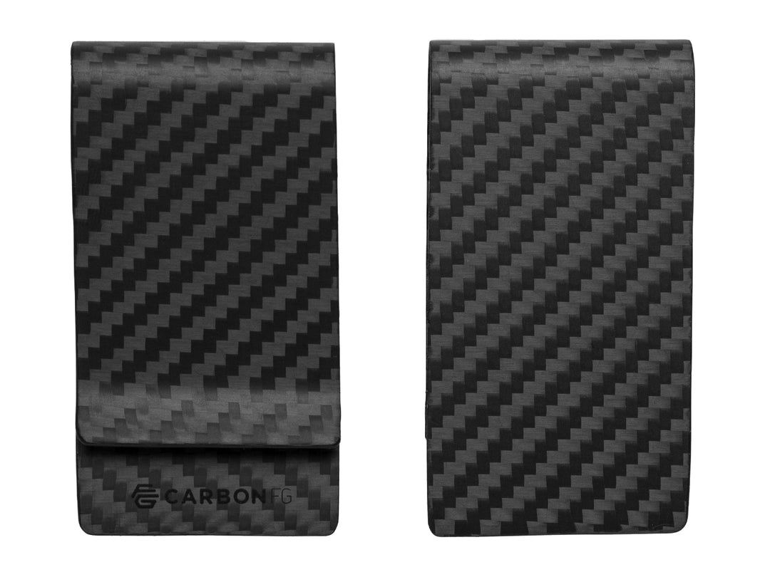 Carbon fiber money clip with a matte finish, front and back