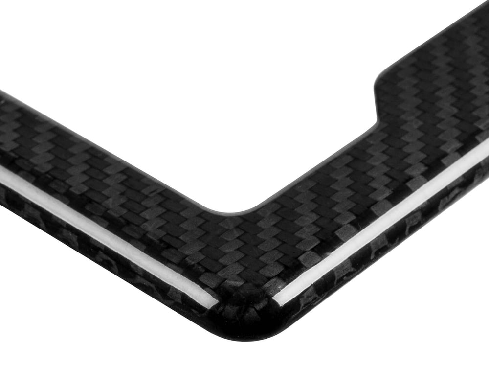 2-hole carbon fiber license plate frame with angled bottom, up close