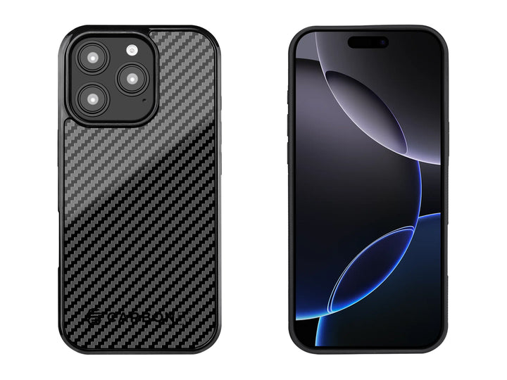 CarboFend iPhone 16 Pro case shown from front and back, featuring genuine 3K carbon fiber weave pattern and precision camera cutout