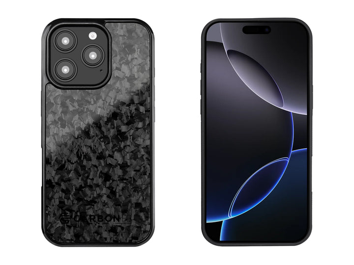 iPhone 16 Pro case shown from front and back, featuring exclusive forged carbon fiber with unique marbled pattern and precision camera cutout