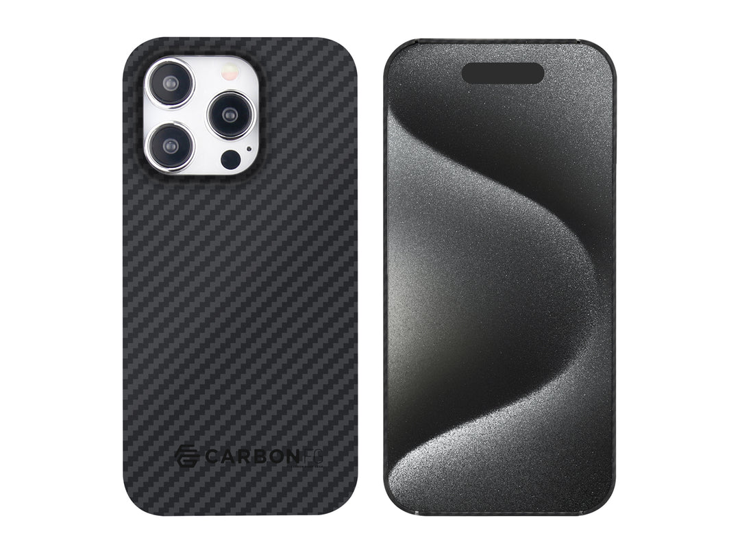 CarboKev 100% Aramid Fiber Case for iPhone 15 Pro Max, front and back