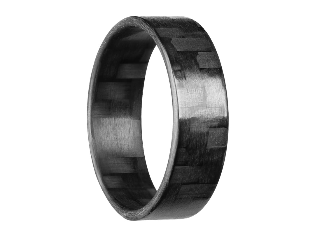 6mm carbon fiber ring with traditional twill weave pattern, shown on white background