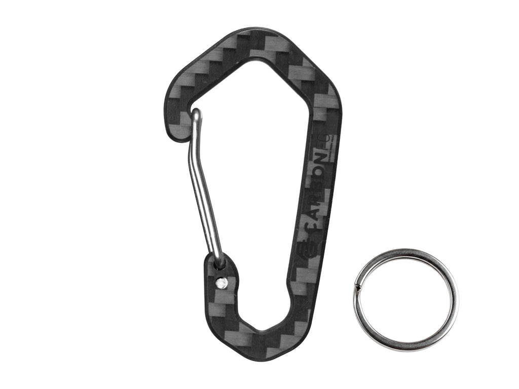 CarbonFG HexClip CF carbon fiber carabiner keychain with removable stainless steel key ring, 3K twill weave, white background