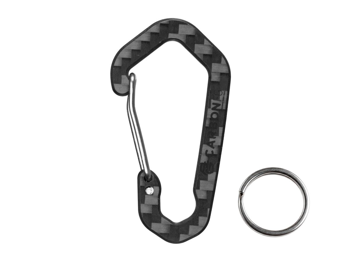 CarbonFG HexClip CF carbon fiber carabiner keychain with removable stainless steel key ring, 3K twill weave, white background