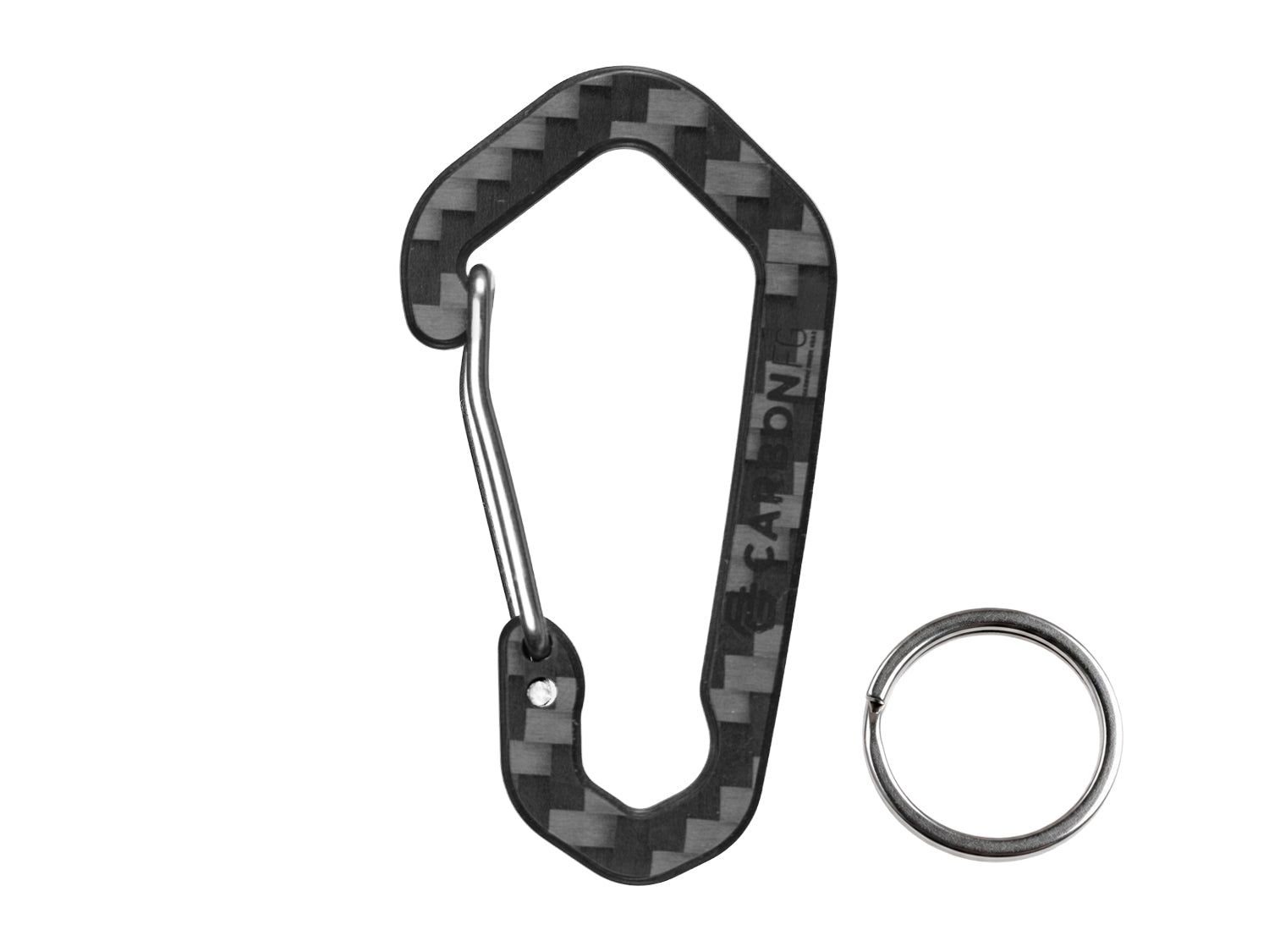 CarbonFG HexClip CF carbon fiber carabiner keychain with removable stainless steel key ring, 3K twill weave, white background