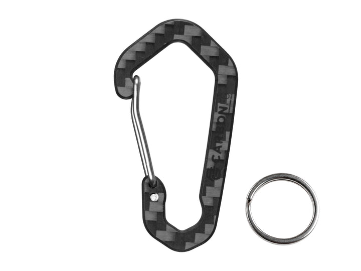 CarbonFG HexClip CF carbon fiber carabiner keychain with removable stainless steel key ring, 3K twill weave, white background