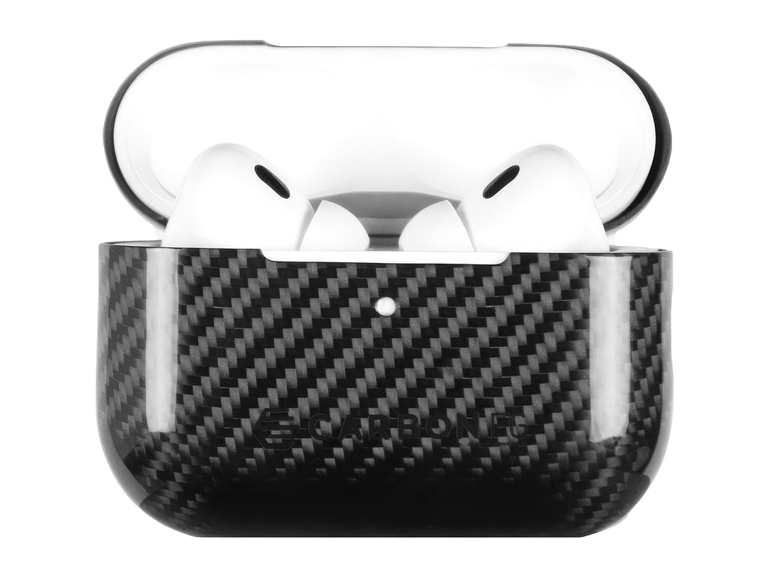 CarbonFG CarboShield carbon fiber AirPods Pro 3 case, front view, lid open with AirPods inside