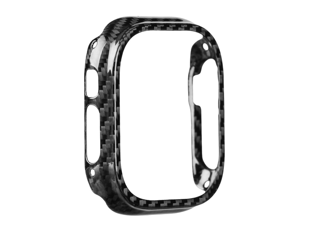 CarbonFG CarboShield carbon fiber Apple Watch Ultra case, angled front view showing weave texture and button cutouts
