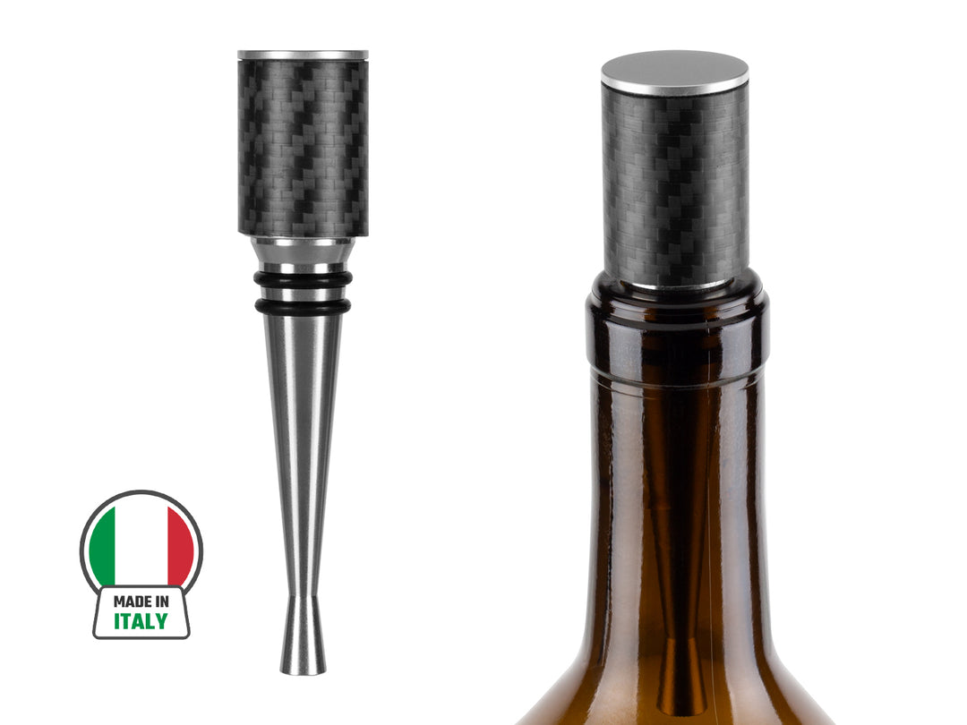 Farfalli Carbon Fiber Wine Stopper showcased on a pristine white background, highlighting its sleek design.