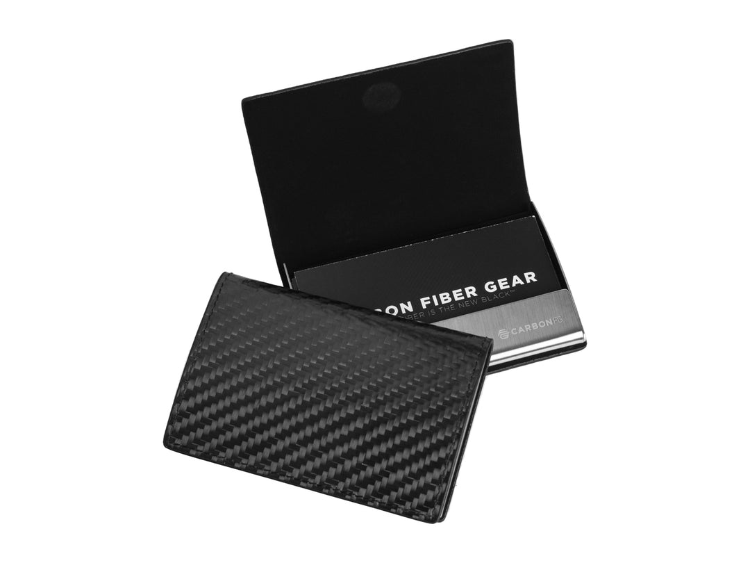 CarbonFG Flexy carbon fiber business card holder, open and closed