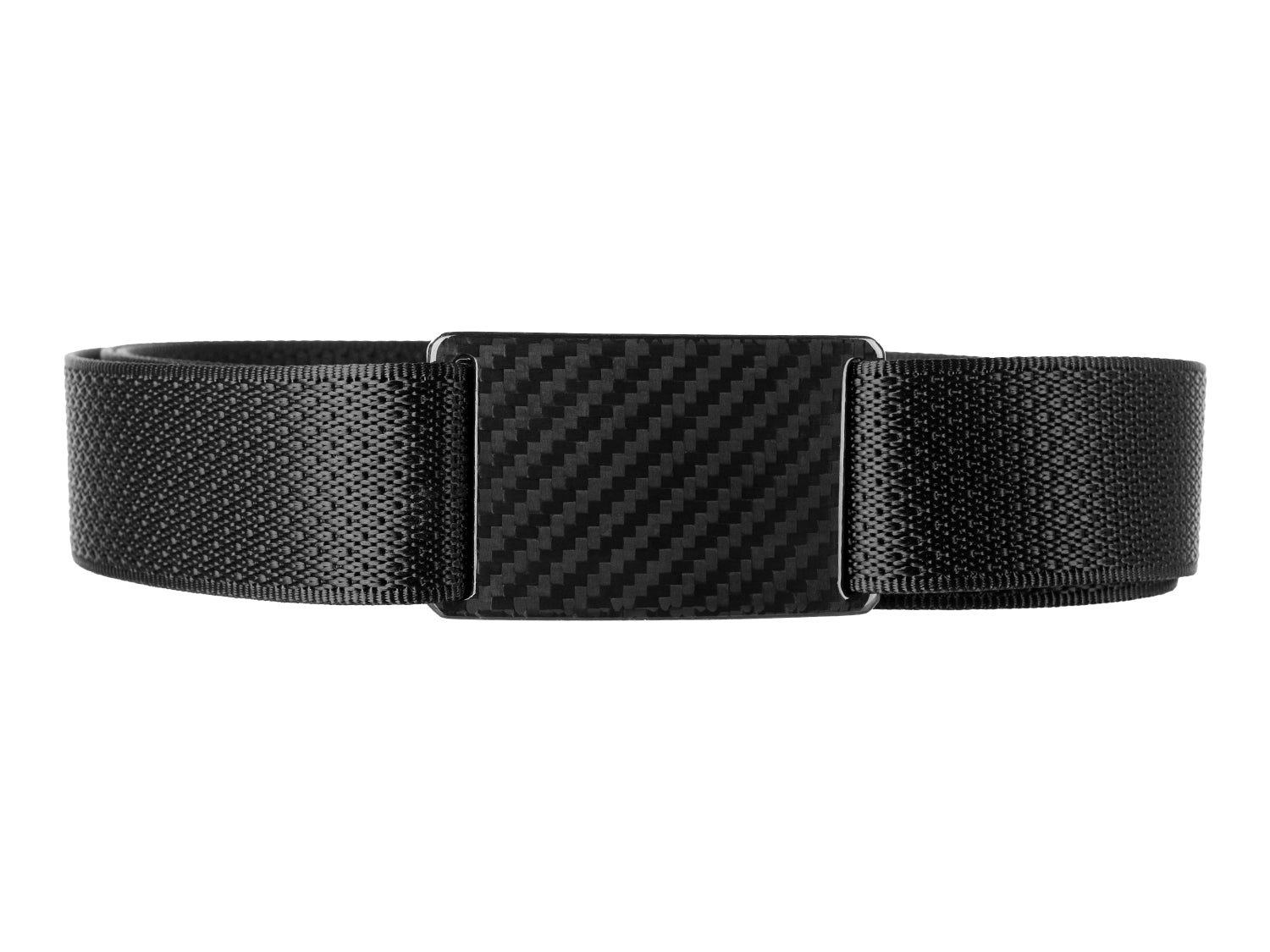 Front view of the Grip6 carbon fiber belt with a sleek twill weave carbon fiber buckle and black nylon strap.