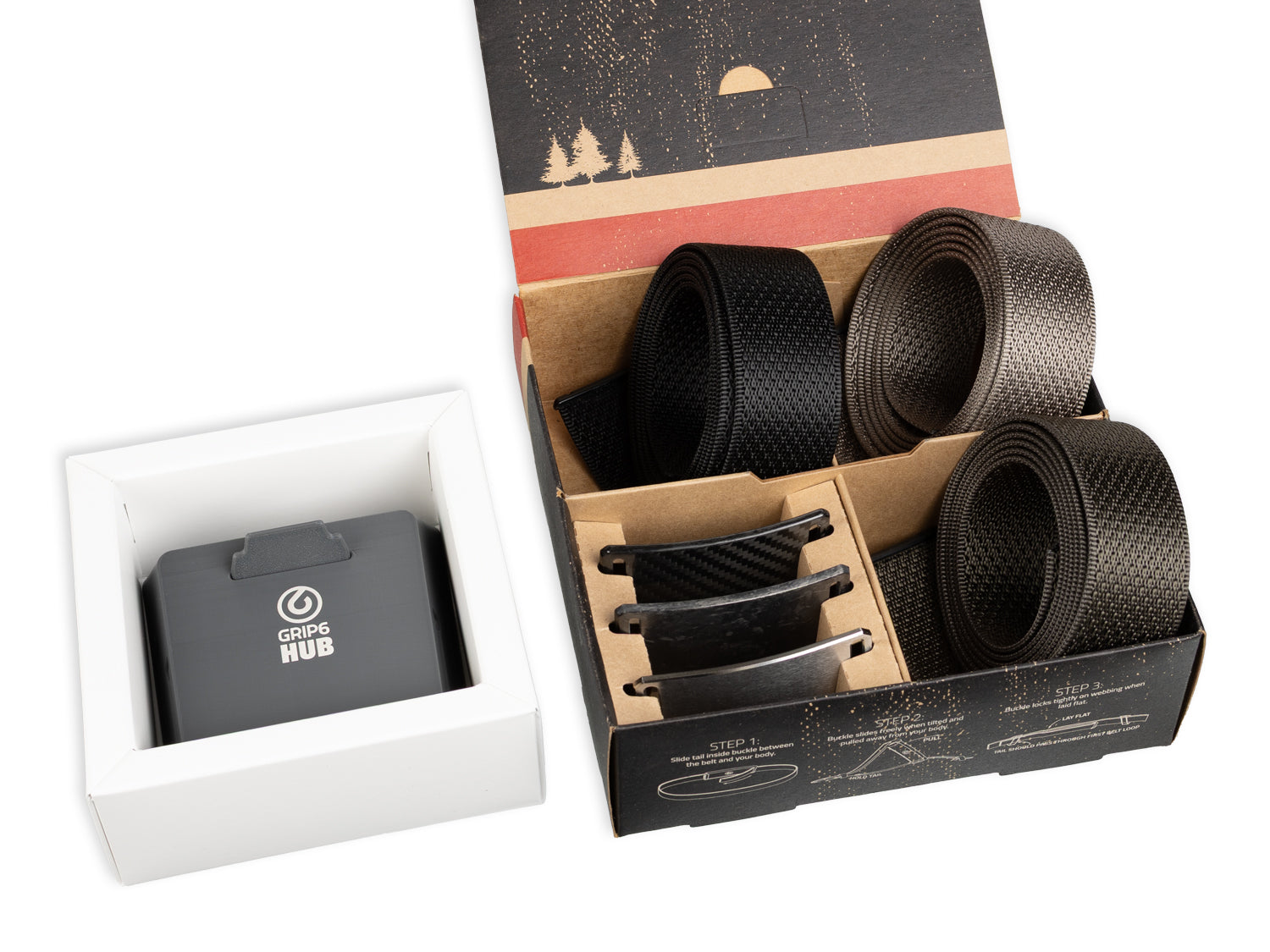 Grip6 belt pack featuring three nylon straps, three premium buckles, and The Hub belt organizer in holiday packaging.