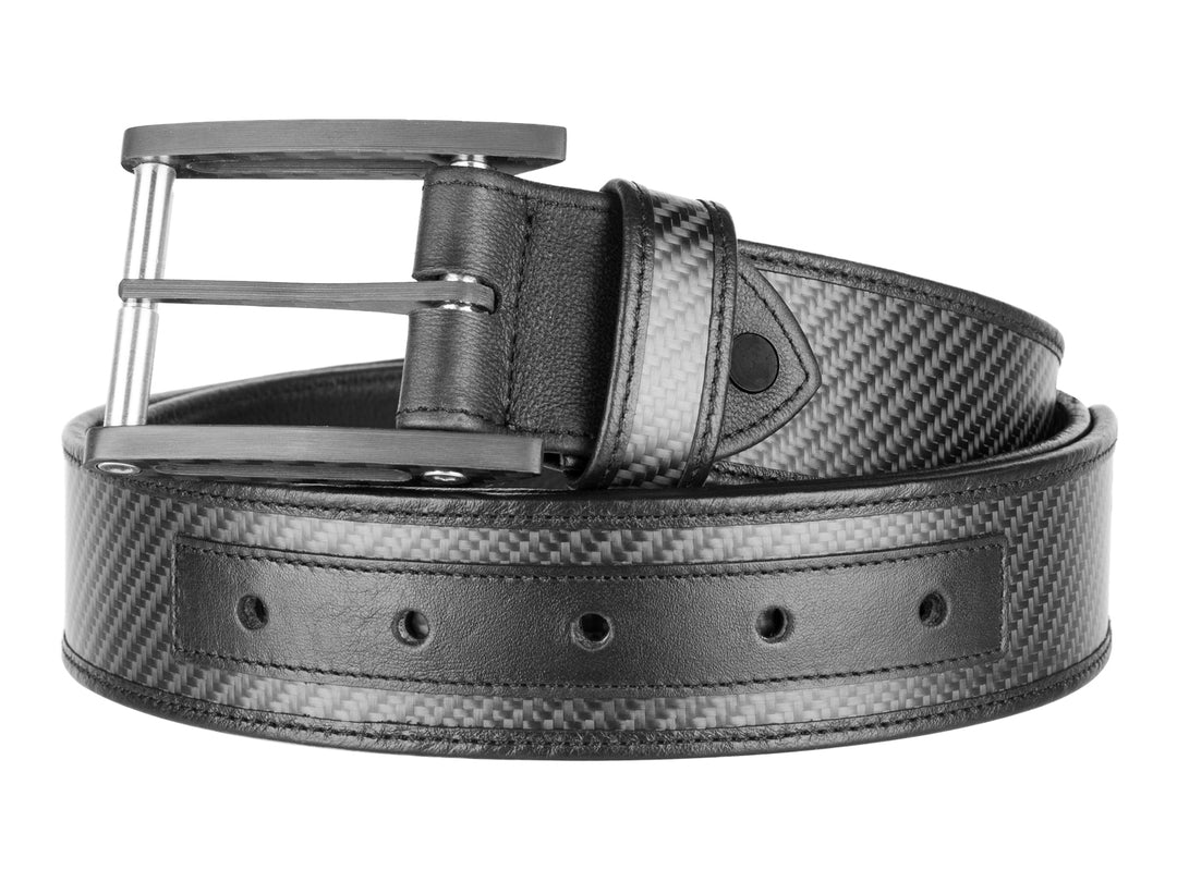 Carbon fiber and leather belt with carbon fiber buckle showcasing intricate weave pattern and craftsmanship.