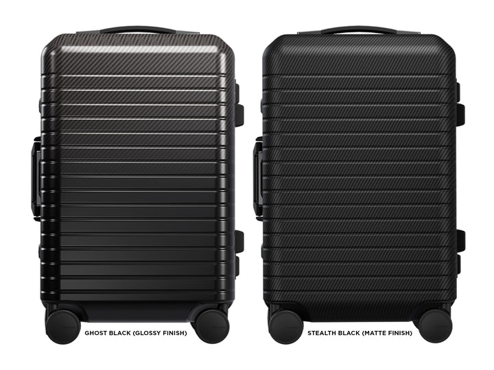 monCarbone BLACKDIAMOND Carbon Fiber Carry-On Luggage, matte vs. gloss front