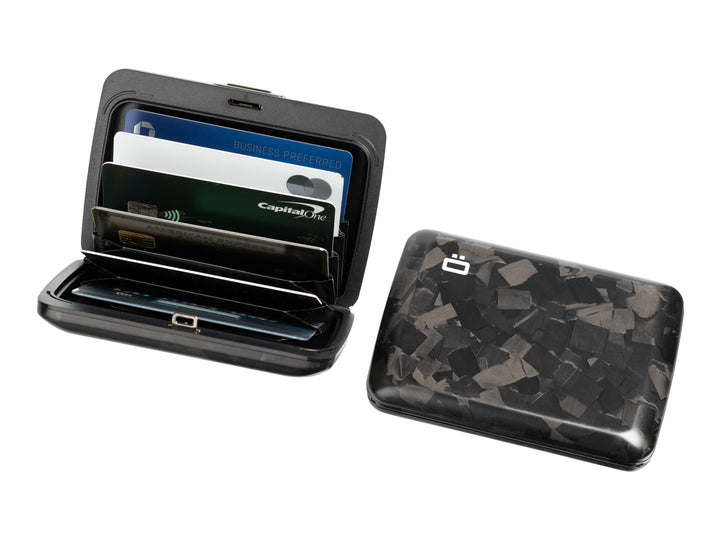 Forged carbon fiber wallet with snap-open fan design, shown open with cards inside and closed to display matte marbled exterior.