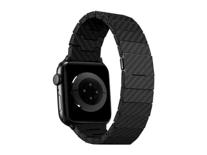 Sleek Apple Watch showcasing a black carbon fiber watch band with a seamless, integrated design.