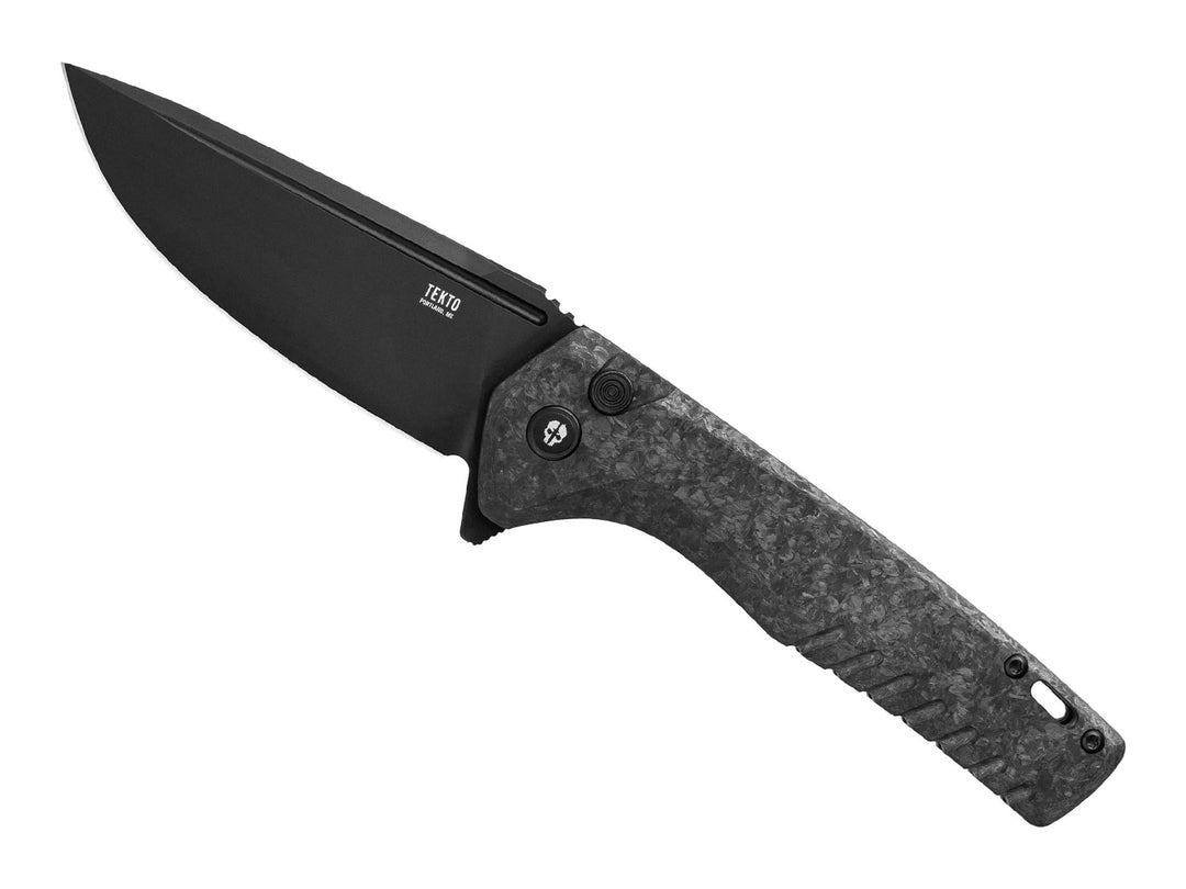 Open Tekto F3 Charlie knife with forged carbon fiber handle and black D2 blade, side profile view
