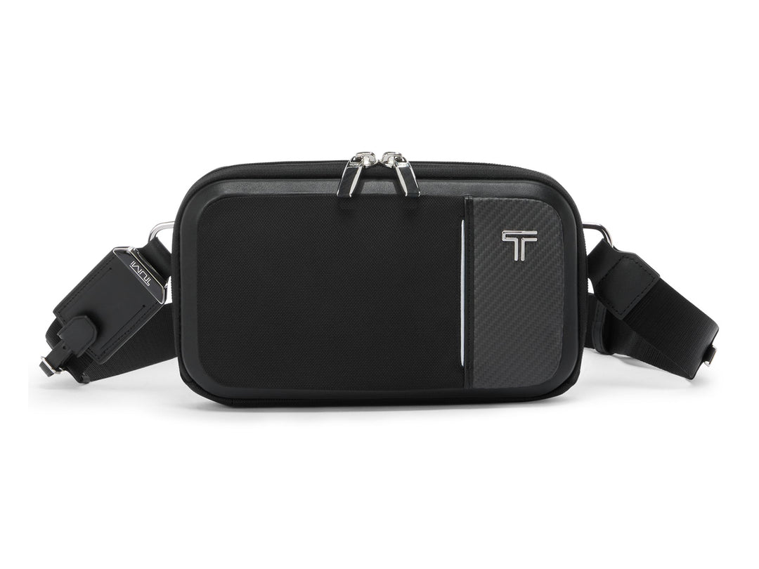 TUMI Arrivé Messina automotive-inspired sling bag with carbon fiber detailing front view