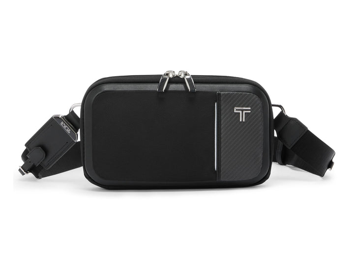 TUMI Arrivé Messina automotive-inspired sling bag with carbon fiber detailing front view
