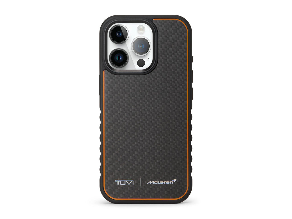 TUMI x McLaren carbon fiber iPhone 16 Pro case with papaya accent stripe and dual branding on back panel